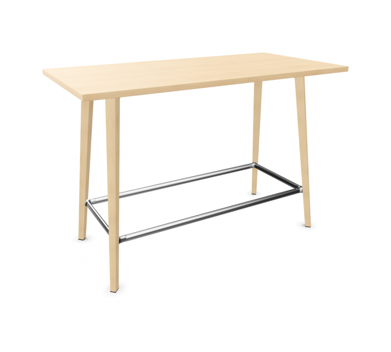 Fina Club Stehtisch von Brunner mit hellem Holz und Fußstütze aus Metall.